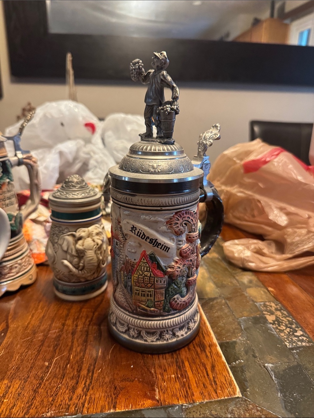 Rüdesheim Ceramic Beer Stein with Pewter Lid - Brown and Cream